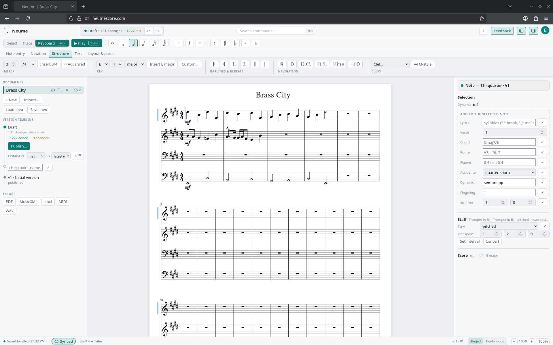 The Neume editor in the browser: a multi-staff brass score titled Brass City, the note-entry ribbon along the top, the documents and version timeline in the left sidebar, and the selected note's context inspector on the right.